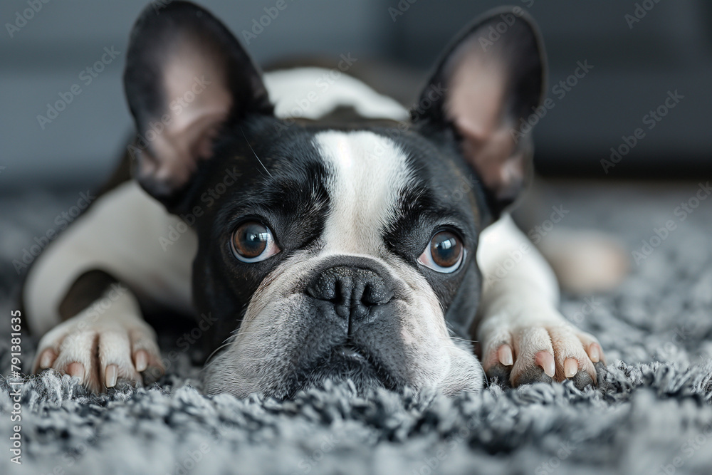 Un mignon chien bouledogue français noir et blanc sur un tapis, avec de grands yeux tristes