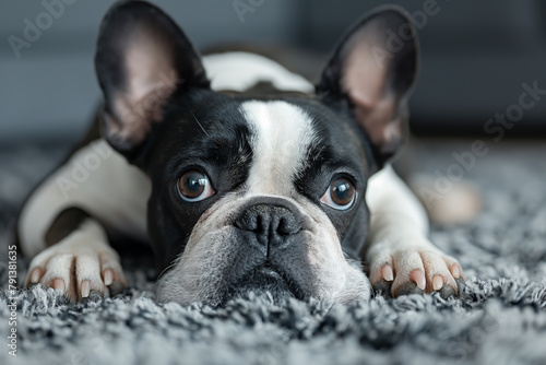 Un mignon chien bouledogue français noir et blanc sur un tapis, avec de grands yeux tristes photo