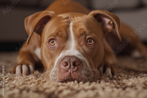 Un mignon chien bouledogue anglais sur un tapis, avec de grands yeux tristes photo