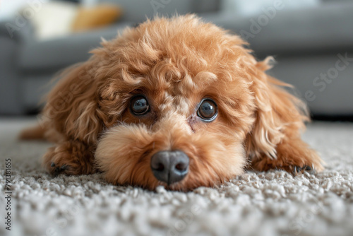 Un mignon chien caniche sur un tapis, avec de grands yeux tristes photo