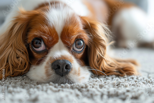 Un mignon chien cavalier king charles sur un tapis, avec de grands yeux tristes photo