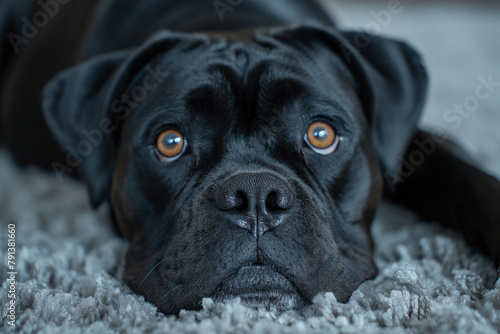 Un mignon chien cane corso noir sur un tapis, avec de grands yeux tristes photo