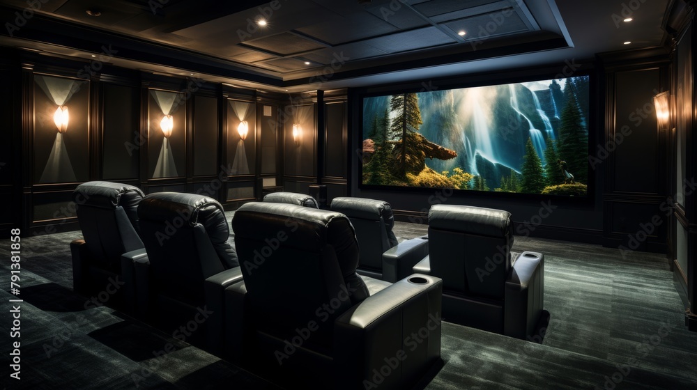 A home theater with black leather reclining chairs and a large screen.