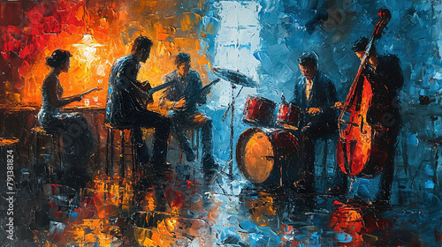 Oil Pianting Abstract Art of Musicians Band in a Bar Drums Bass Colorful Background photo