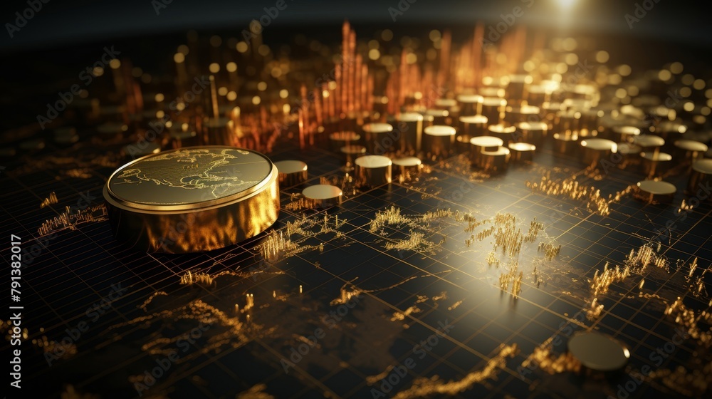 A golden compass sits on a golden circuit board with a glowing cityscape in the background.