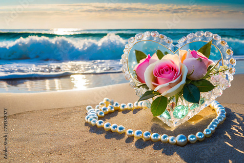 Crystal heart with roses and pearls on beach