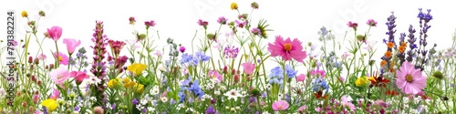 A vibrant selection of various pressed wild meadow flowers isolated on a white background, displaying a range of colors and details.