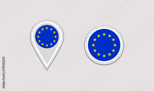 European Union flag map pointer isolated icon vector illustration. Simple round and location signs shapes. EU official symbols pins stickers set with state name. European alliance isolated badges.