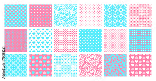 Childish repeated backgrounds vector. Pastel colors seamless patterns set. Sweet love hearts and polka dot repeated prints. Spring template wallpaper for textile, baby showers, Valentines day designs.