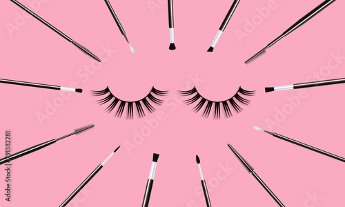 False eyelashes and makeup brushes vector illustration. Mascara, eyelash and eyebrows tools on a pink background. Make up artist accessories for cosmetics cards and designs, beauty business concept.