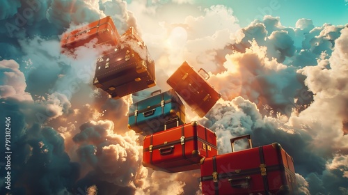 Surreal composite image of luggage suitcases floating in mid-air at the airport, with dreamy clouds in the background world of travel and adventure