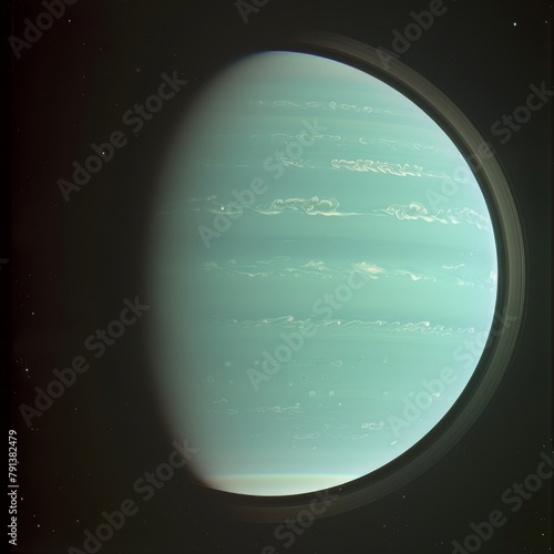 A view of Uranus faint rings and bright cloud tops, highlighting its extreme axial tilt.  photo