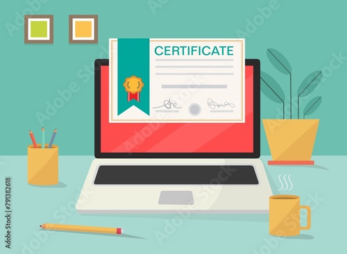 Certificato sullo schermo del computer portatile per il corso e-learning - illustrazioni photo