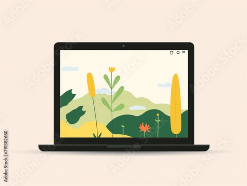A laptop screen displays a serene nature scene with stylized hills and flora  suggesting peaceful digital work environment.