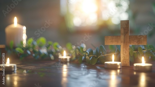 A serene setting with a wooden cross centered among flickering candles and fresh green leaves, symbolizing faith and hope. photo
