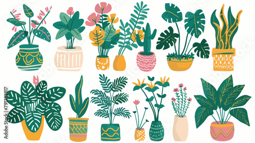 Hand drawn Houseplants in plant pots. Home potted pla
