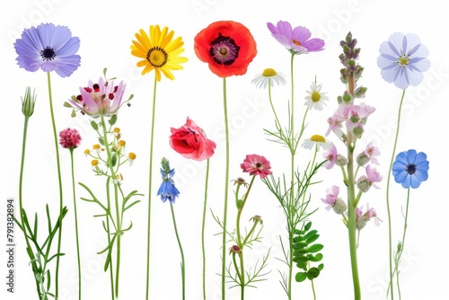 A diverse and vibrant display of meadow flowers isolated on a white background, featuring various species in full bloom, perfect for spring and summer themes.