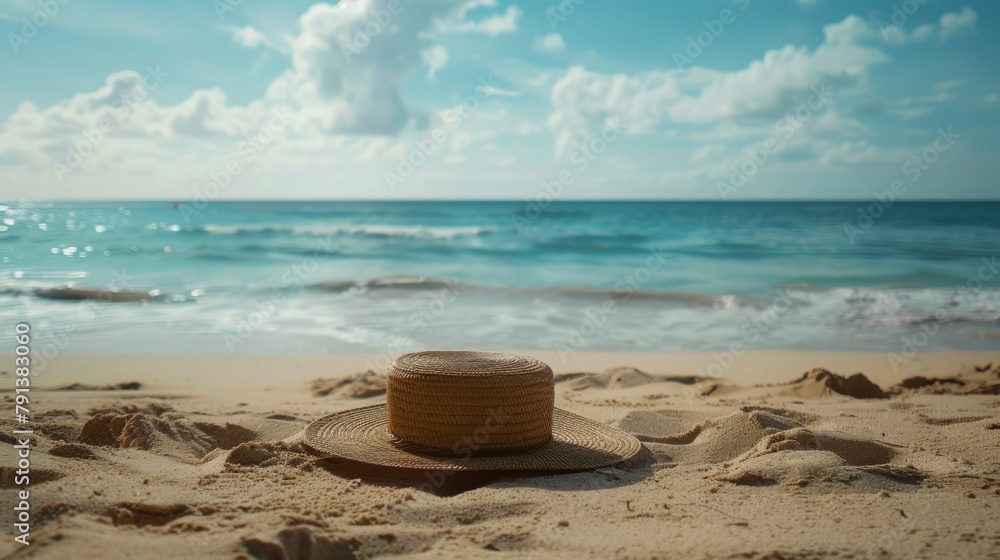 A straw hat left on a sandy beach with a tranquil ocean backdrop under a clear sky. A straw hat left on a sandy beach with a tranquil ocean backdrop under a clear sky.