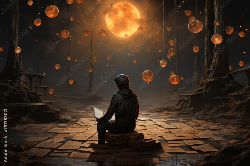 A boy sits on a stack of books in a surreal landscape with strange glowing orbs hanging from the sky.