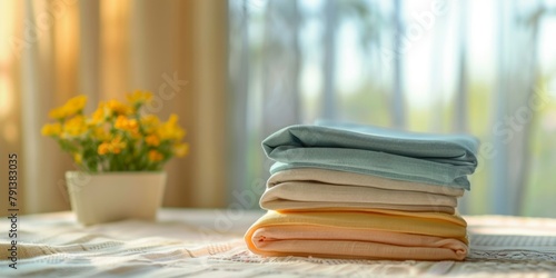 Neatly folded linen towels on a table, accompanied by a pot of yellow flowers in a sunny room. photo