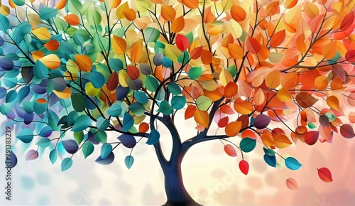 Colorful tree with leaves on hanging branches illustration background. 3d abstraction wallpaper for interior mural wall art décor. Floral tree with multicolor, Generative AI