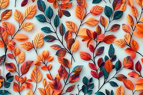 Wall hanging branches seamless pattern leaves fall with bright color flowers illustration background. 3d abstraction wallpaper for interior mural wall  Generative AI