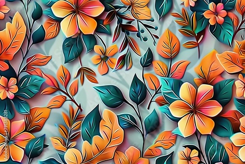 Wall hanging branches seamless pattern leaves fall with bright color flowers illustration background. 3d abstraction wallpaper for interior mural wall, Generative AI photo