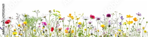 A diverse and vibrant display of meadow flowers isolated on a white background  featuring various species in full bloom  perfect for spring and summer themes.