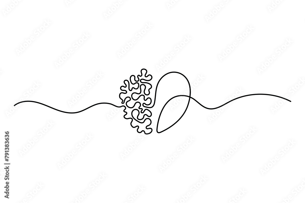 Fototapeta premium One continuous line drawing of half of a human brain and love in the shape of a heart logo icon. Philosophical of love and reason. Vector graphics post.