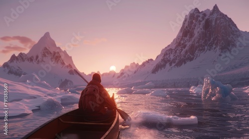 A lone adventurer kayaking through icebergs with snowy mountains and a sunset backdrop.