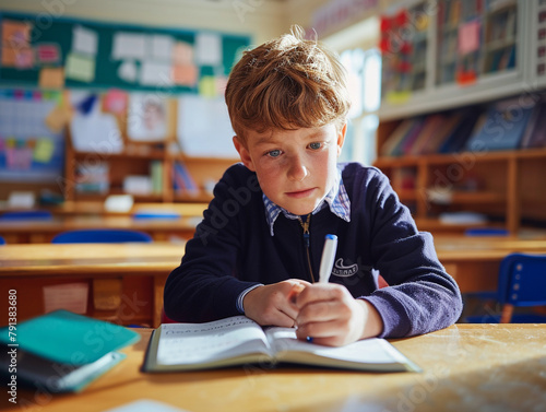British boy kindergarten student sits and writes note in the classroom, Education in schools in the Europe zone, Classroom in kindergarten.