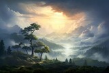 A painting depicting a mountain with towering trees and fluffy clouds under a blue sky. Generative AI