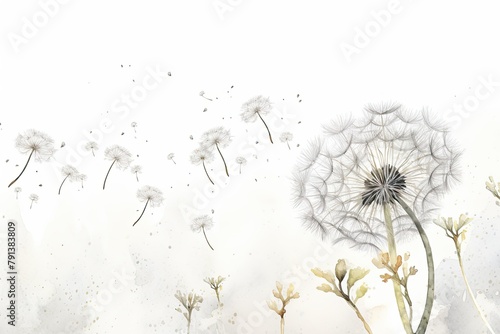A painting depicting a dandelion blowing in the wind  with its delicate seeds dispersing in the air. Generative AI