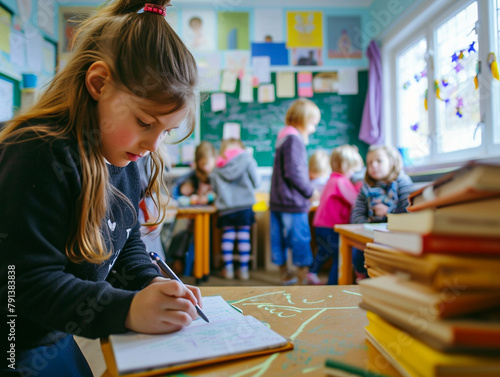 British girl kindergarten student sits and writes note in the classroom, Education in schools in the Europe zone, Classroom in kindergarten.