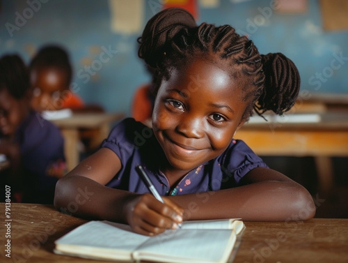 Africa girl kindergarten student sits and writes note in the classroom, Education in schools in the Africa zone, Classroom in kindergarten.