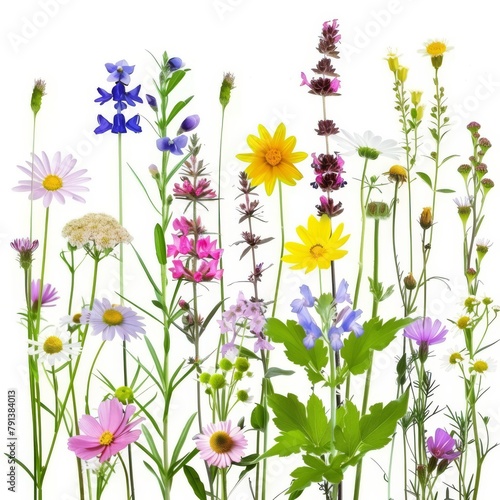 A diverse and vibrant display of meadow flowers isolated on a white background, featuring various species in full bloom, perfect for spring and summer themes. © Merilno