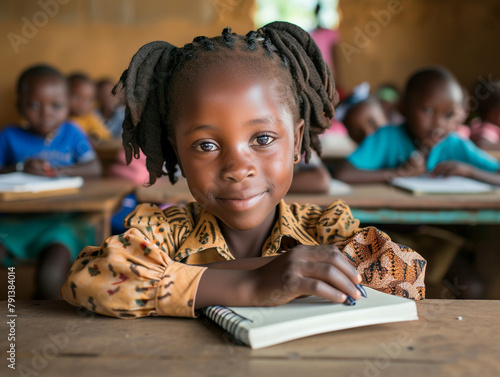 Africa girl kindergarten student sits and writes note in the classroom, Education in schools in the Africa zone, Classroom in kindergarten.
