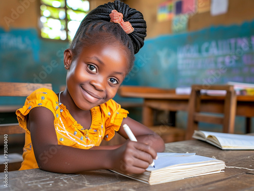 Africa girl kindergarten student sits and writes note in the classroom, Education in schools in the Africa zone, Classroom in kindergarten.