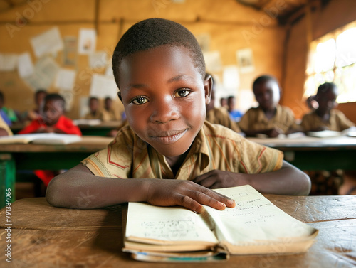 Africa boy kindergarten student sits and writes note in the classroom, Education in schools in the Africa zone, Classroom in kindergarten.