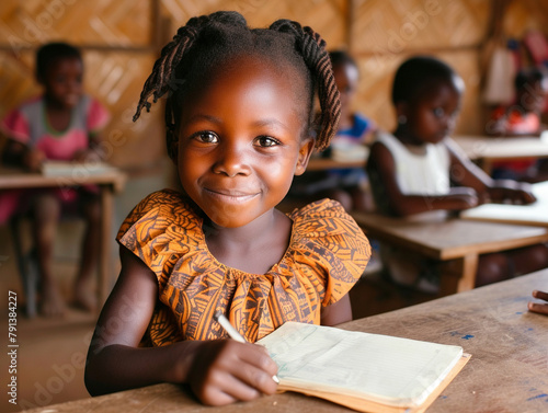 Africa girl kindergarten student sits and writes note in the classroom, Education in schools in the Africa zone, Classroom in kindergarten.