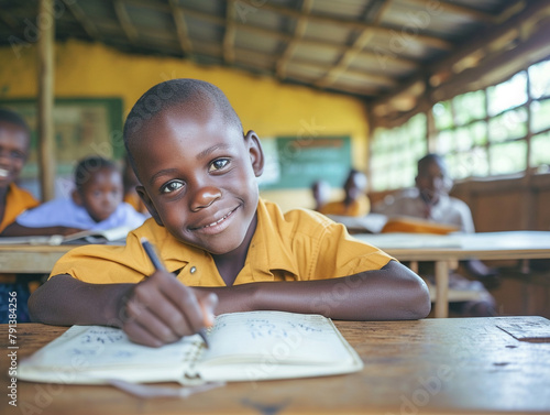 Africa boy kindergarten student sits and writes note in the classroom, Education in schools in the Africa zone, Classroom in kindergarten.