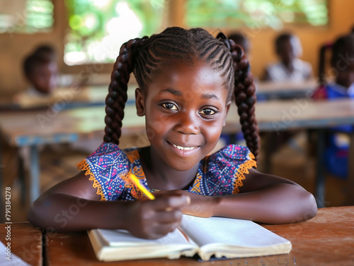 Africa girl kindergarten student sits and writes note in the classroom, Education in schools in the Africa zone, Classroom in kindergarten.