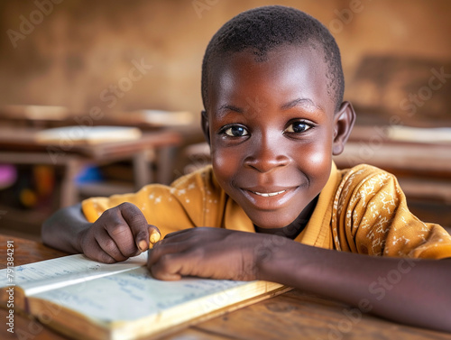 Africa boy kindergarten student sits and writes note in the classroom, Education in schools in the Africa zone, Classroom in kindergarten.