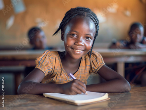 Africa girl kindergarten student sits and writes note in the classroom, Education in schools in the Africa zone, Classroom in kindergarten.