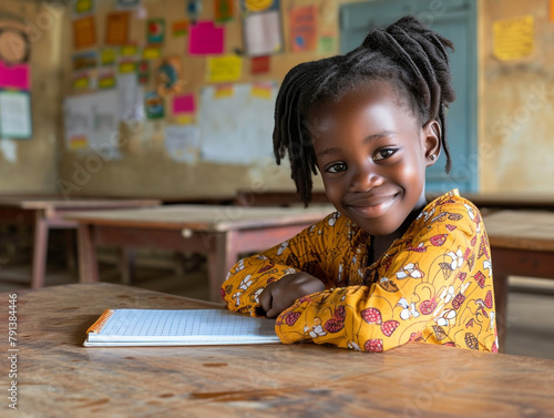Africa girl kindergarten student sits and writes note in the classroom, Education in schools in the Africa zone, Classroom in kindergarten.