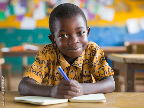 Africa boy kindergarten student sits and writes note in the classroom, Education in schools in the Africa zone, Classroom in kindergarten.