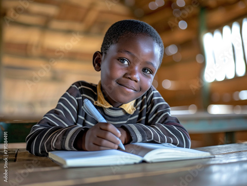 Africa boy kindergarten student sits and writes note in the classroom, Education in schools in the Africa zone, Classroom in kindergarten.