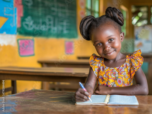 Africa girl kindergarten student sits and writes note in the classroom, Education in schools in the Africa zone, Classroom in kindergarten.