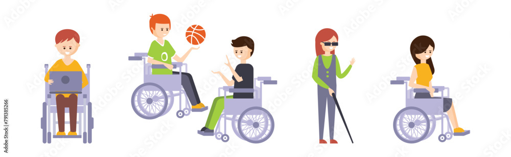 Happy Disabled People Character with Disability Vector Set Happy Disabled People Character with Disability Vector Set