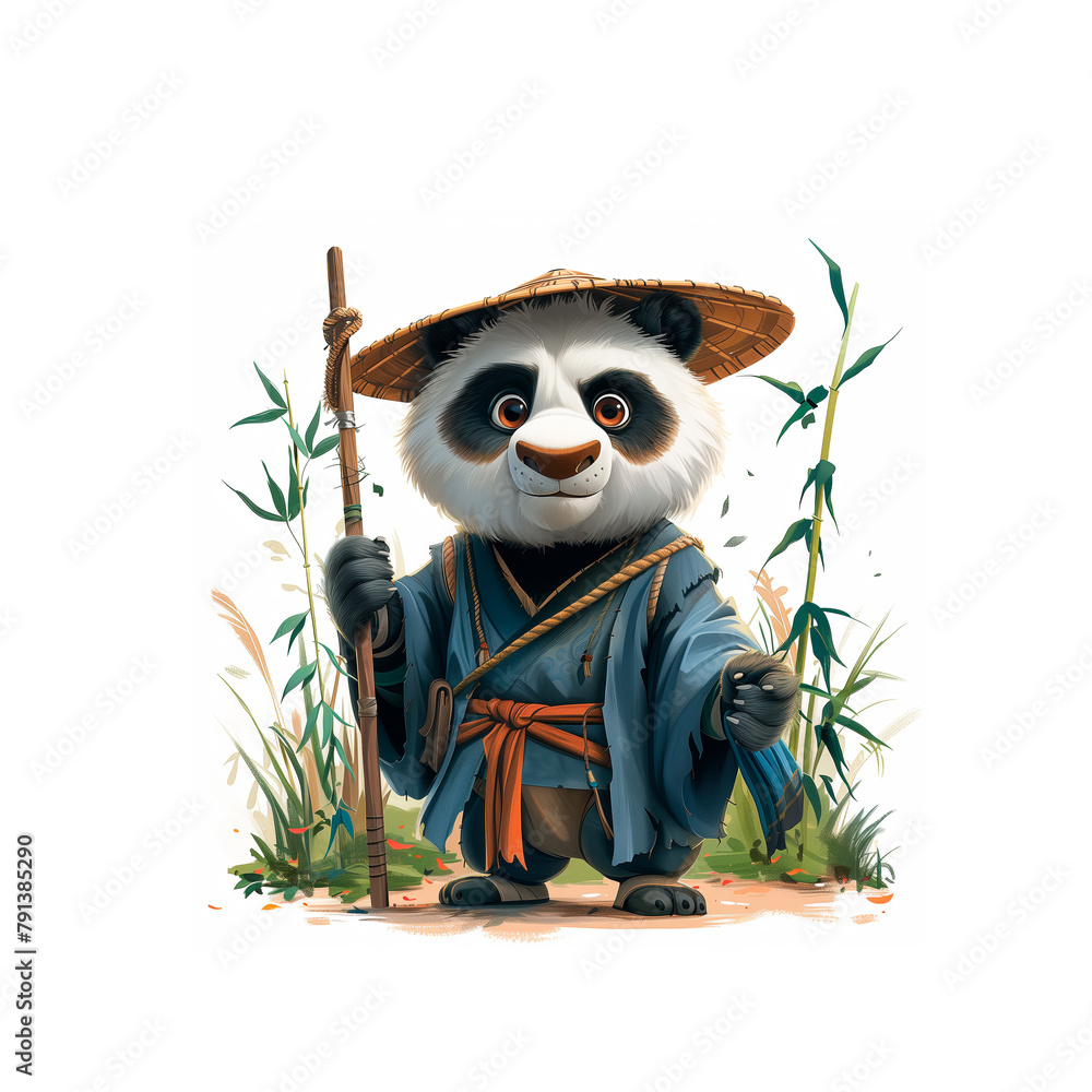 Panda Wearing Bamboo Hat Holding Stick. Generative AI